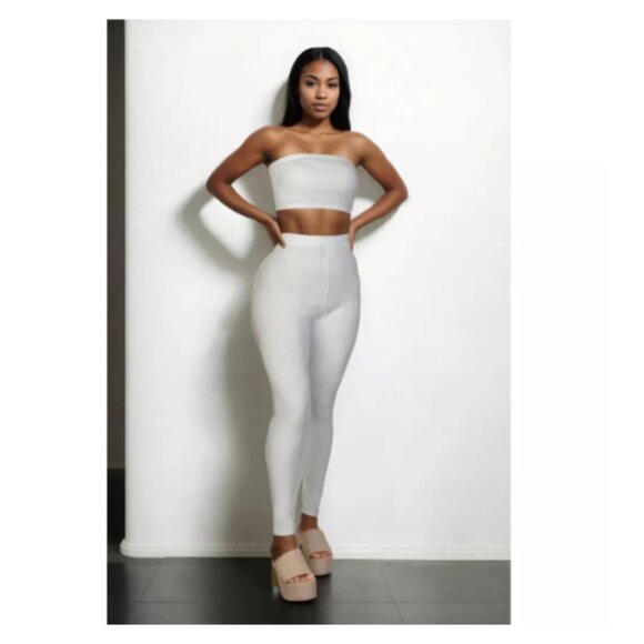 Women's Ribbed Tube Top and Leggings Set, Bodycon Fit, Soft Stretch White - Picture 2 of 4